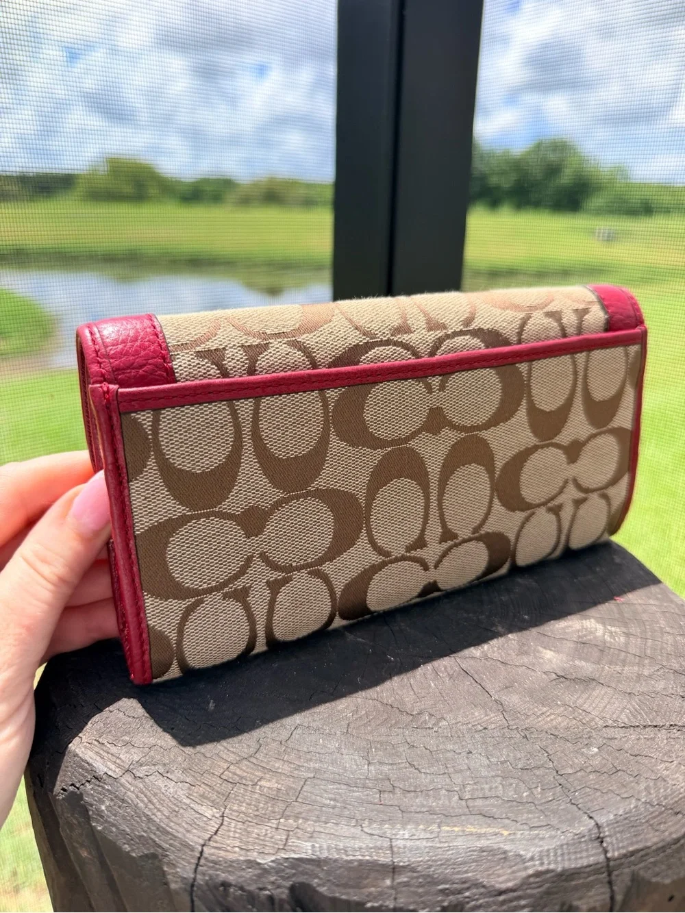 Coach Signature C Turnlock Wallet Khaki Red Leather Y2K Jacquard